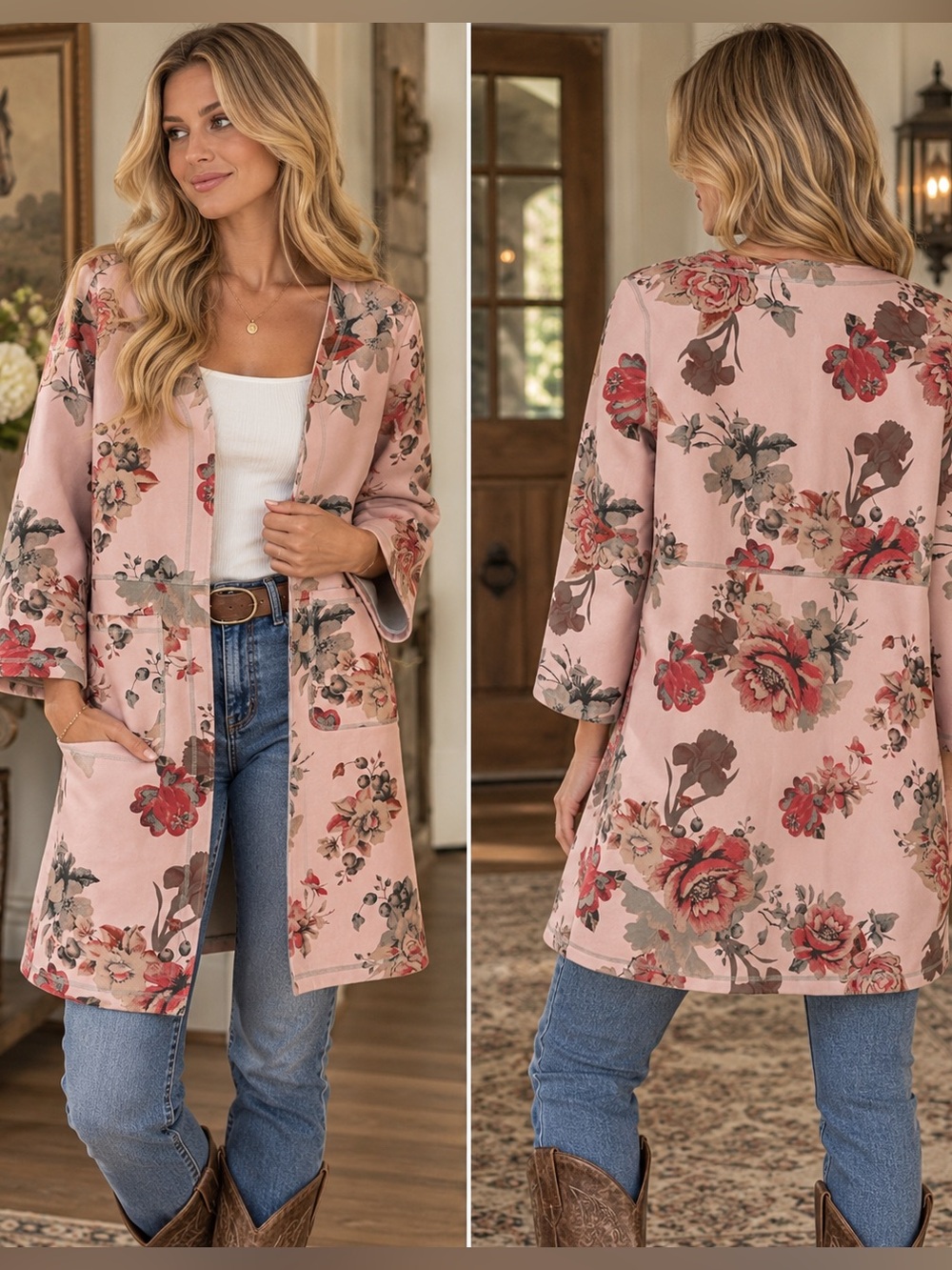 Joan Vass Pink Floral Open-Front Robe Cardigan